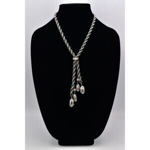 Vintage Chunky Lariat Necklace Collar Charm Dangle Rope Chain Silver 1960s BinBE